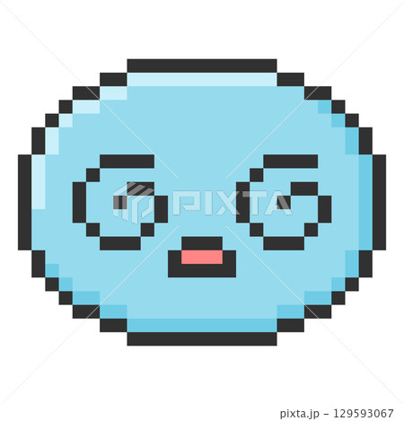 Round face smiley, blue, with spiral eyes, screaming mouth, pixel kawaii character. Round face smiley, blue, with spiral eyes, screaming mouth, pixel kawaii character. 129593067