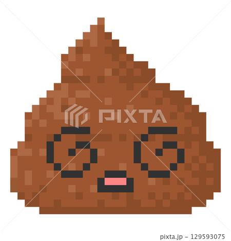 Dizzy shocked poop brown kawaii emoji emoticon pixel art, surprised face poo turd heap with spiral eyes and opened mouth 129593075