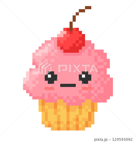 Vector kawaii cupcake, with pink cream, cherry, cute face, eyes, pixel 8-bit icon. Vector kawaii cupcake, with pink cream, cherry, cute face, eyes, pixel 8-bit icon. 129593092