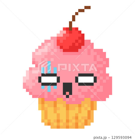 Scared cupcake with cherry berry face kawaii emoji emoticon pixel art, vector evil biscuit dessert face strange eyes 129593094