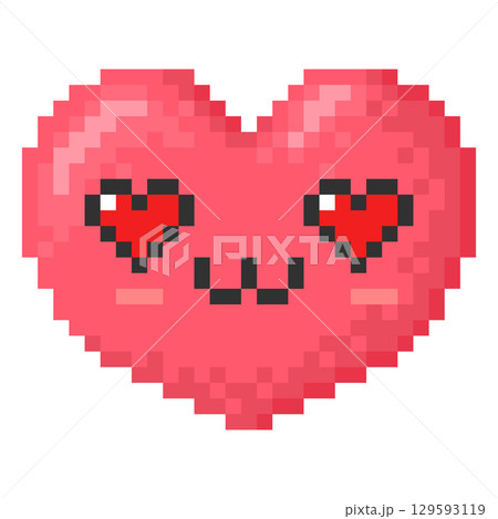 Happy emoji emoticon heart shape face with heart-shaped eyes pixel art, red enamored face, vector 8 bit love expression 129593119