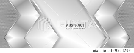 Wide luxury abstract background with silver gradient lines triangle arrows and shadows. Modern light silver color wide metallic banner with angles. 129593298