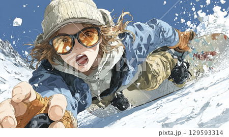 爽快にパウダースノーを滑走する女性スノーボーダーのイラスト 129593314