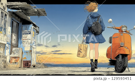 スクーターで買い物に来た女性 夕焼け スクーターで買い物に来た女性 夕焼け 129593451