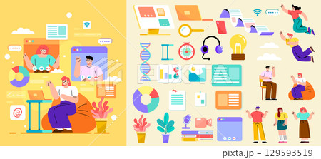 E-learning Hand Drawn Flat Icons with illustration 129593519