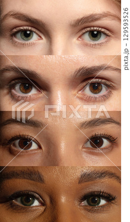 Vertical collage with series of closeup human eyes, each belonging to a person from a different ethnic group 129593526