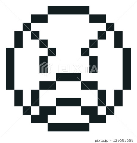 Pixel black and white round emoticon with angry expression, square eyes, mouth. Pixel black and white round emoticon with angry expression, square eyes, mouth. 129593589