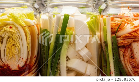 Traditional Korean Fermented Vegetables Kimchi in Glass Jars 129593670