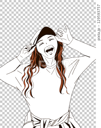最小線條畫姿勢插圖-戴著針織帽的微笑女人 最小線條畫姿勢插圖-戴著針織帽的微笑女人 129593757