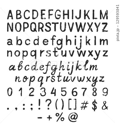Lowercase and uppercase letters of English alphabet, numbers and punctuation marks chalk texture font vector calligraphy Lowercase and uppercase letters of English alphabet, numbers and punctuation marks chalk texture font vector calligraphy 129593841
