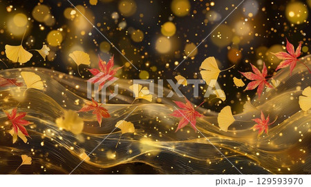 金色の波と舞い散る紅葉とイチョウの葉、豪華な和風背景 129593970