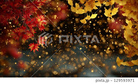 紅葉とイチョウ、金色のボケが美しい秋の高級感のある背景 129593971