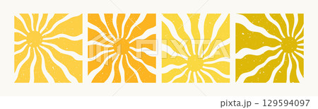 Retro sunburst vector set in warm yellow and orange shades with distressed texture. Vintage abstract sun art for posters, prints, cards, and summer decor. Retro sunburst vector set in warm yellow and orange shades with distressed texture. Vintage abstract sun art for posters, prints, cards, and summer decor. 129594097