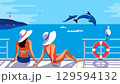 Two Females Sunbathing on Sea Pier Poster. Woman in sun hat enjoy playful dolphins jumping vector illustration. Blue ocean scenic view cartoon. Summer holiday vacation season tourist trip background 129594132