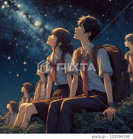 満天の星空を見上げる二人の男女、美しい夜景と美しい男女 満天の星空を見上げる二人の男女、美しい夜景と美しい男女 129594198