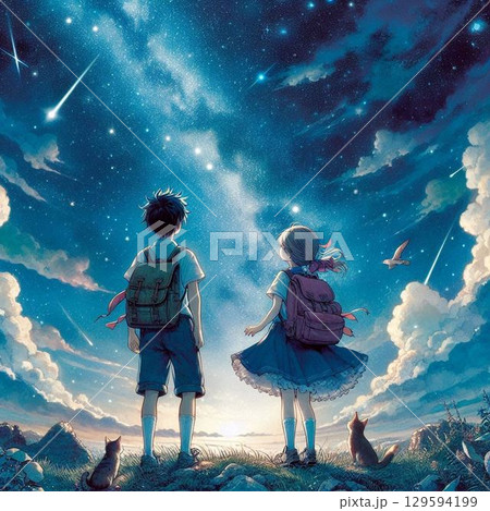 満天の星空を見上げる二人の男女、美しい夜景と美しい男女 129594199