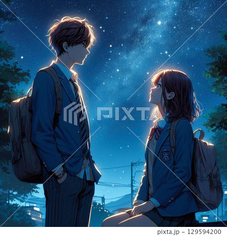 満天の星空を見上げる二人の男女、美しい夜景と美しい男女 129594200