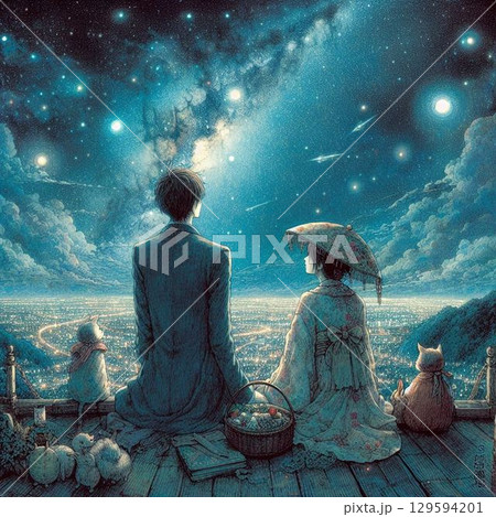 満天の星空を見上げる二人の男女、美しい夜景と美しい男女 129594201