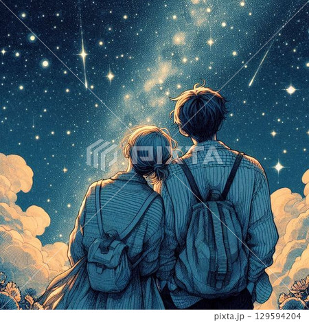 満天の星空を見上げる二人の男女、美しい夜景と美しい男女 129594204