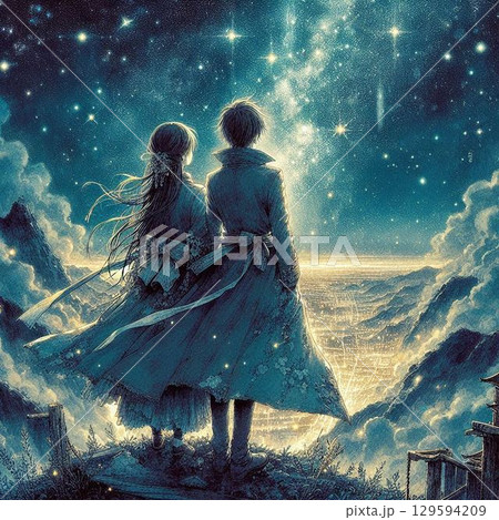 満天の星空を見上げる二人の男女、美しい夜景と美しい男女 129594209