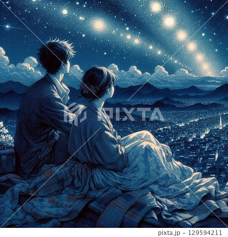 満天の星空を見上げる二人の男女、美しい夜景と美しい男女 129594211