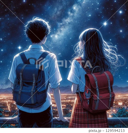 満天の星空を見上げる二人の男女、美しい夜景と美しい男女 129594213