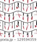 Halloween Zombie Vampire Party seamless vector pattern. Bloody cutting instruments cartoon design element. Halloween horror symbols isolated. 31 October holiday banner background, template 129594359