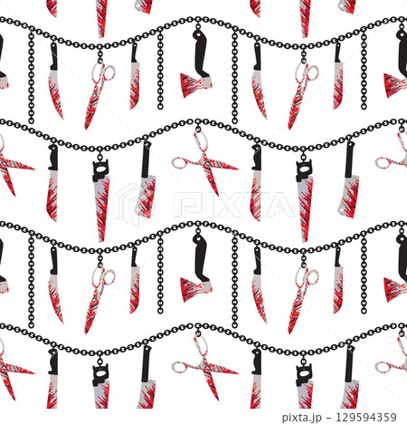 Halloween Zombie Vampire Party seamless vector pattern. Bloody cutting instruments cartoon design element. Halloween horror symbols isolated. 31 October holiday banner background, template 129594359