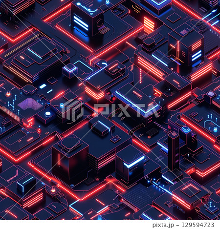 Seamless isometric pattern featuring dark metallic circuits with neon highlights 129594723