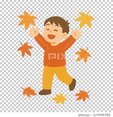 孩子玩耍落葉的插圖（透明背景） 129594766