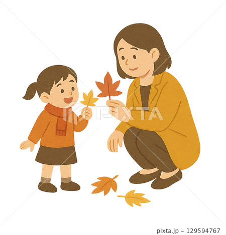 紅葉の落ち葉を観察する親子のイラスト（背景透過） 129594767