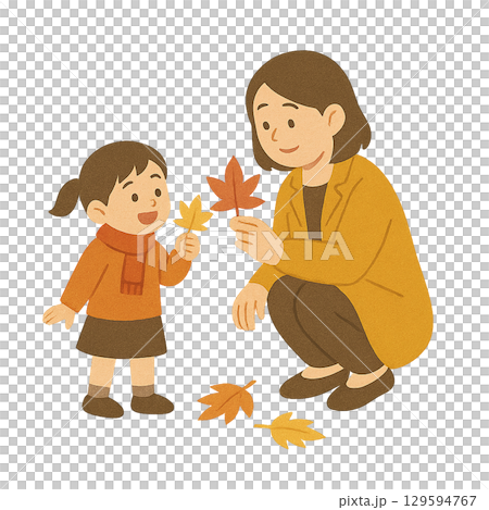 父母和孩子觀察落葉的插圖(透明背景) 父母和孩子觀察落葉的插圖(透明背景) 129594767