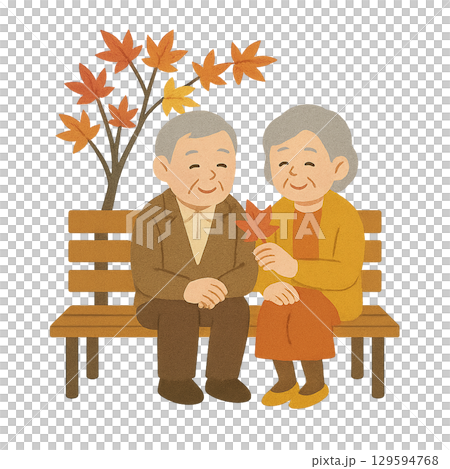 Illustration of an elderly couple spending time on a park bench surrounded by autumn leaves (transparent background) 129594768