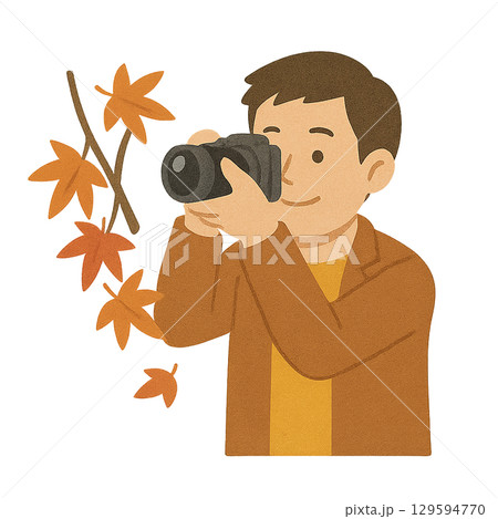紅葉をカメラで撮影する男性のイラスト（背景透過） 129594770