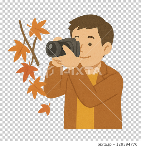 紅葉をカメラで撮影する男性のイラスト（背景透過） 129594770