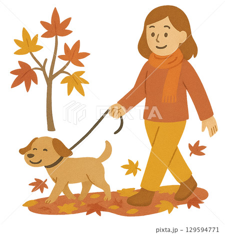 紅葉の道を犬と散歩する女性のイラスト（背景透過） 129594771