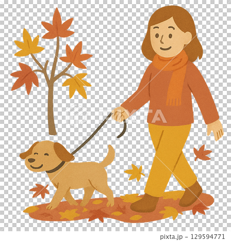 紅葉の道を犬と散歩する女性のイラスト（背景透過） 129594771