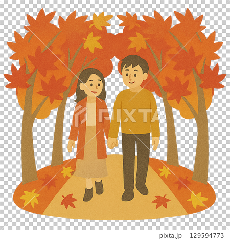 一對情侶沿著紅葉林蔭小徑散步的插圖（透明背景） 129594773