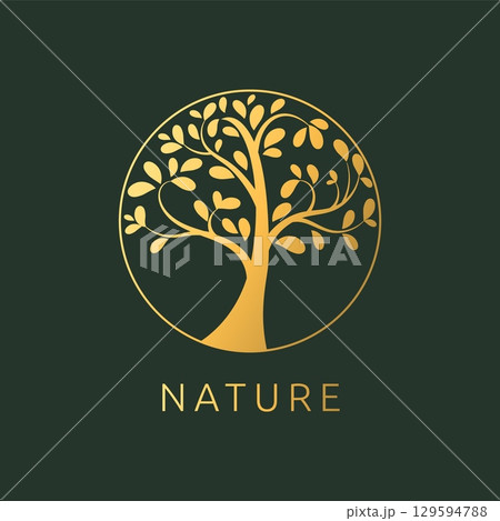 Nature logo. Organic natural logotype design with golden tree silhouette, gold leaves in circle, round form emblem. Botanical garden foliage symbol, herbal badge. Vector isolated minimal illustration 129594788