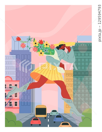 City building. Happy young woman walking. Urban pedestrian crossing car road. Attractive girl carrying flower bouquet. Big female among downtown skyscrapers. Huge person at crosswalk. Vector concept 129594793