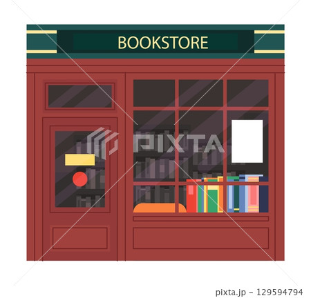 City building. Bookstore facade. Shop storefront. Books shopping. Literature selling. House front view. Urban architecture. Store window and door. Retail business. Vector cityscape isolated element 129594794