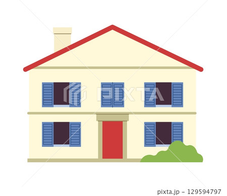 City building. Home exterior. Real estate. Suburban house. Residence facade. Mansion door porch. Residential construction with chimney. Urban architecture front view. Vector cityscape isolated element 129594797