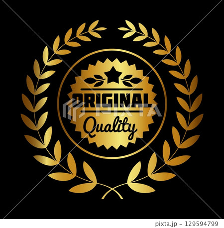 Gold award. Original quality logo. Luxury tag. Exclusive badge. Certificate round emblem with laurel wreath. Best winner reward. Golden medal. Victory achievement metal tag. Vector guarantee sticker 129594799