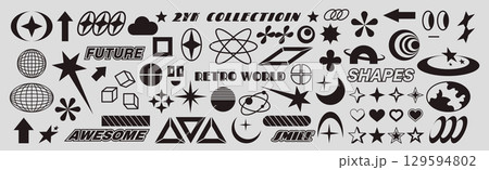 Y2k icon. Retro star, heart moon, globe element. Pattern of 80s, orbital geometry. Cyber planet, symbol futuristic isolated decorative elements. Smile doodle, graphic techno. Vector rave garish design 129594802