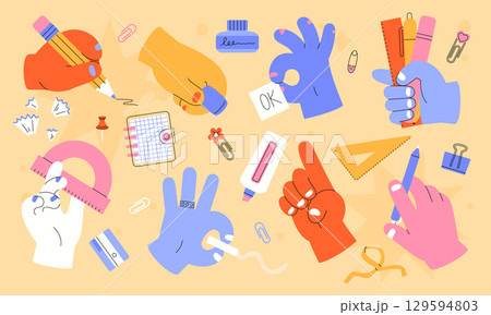 Hand holds pen. Palm with pencil and paintbrush. Flat school art illustration. Arm with stationery. Brush and protractor. Education doodle icon. Note clip. Color fingers. Vector cartoon stickers set 129594803