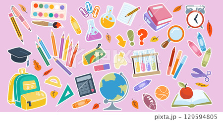 School sticker supply. Back icon, cute book, pencil and pen. Paper note, stationery brush. Backpack for schoolboy, chemistry bottles and scissors. Children education, cartoon elements. Vector art set 129594805