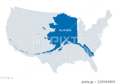 Alaska, size comparison, map. U.S. state of Alaska, compared with contiguous states. By far the largest state in the United States, more than twice the size of Texas, which is the 2nd-largest state. 129594903