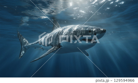 ホホジロザメが青い海中を力強く泳ぐ 129594966