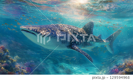 ジンベエザメが透明な海を悠然と泳ぐ 129594968