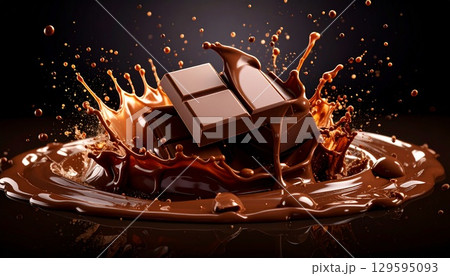 割れた板チョコと飛び散る溶けたチョコレートの迫力ある瞬間 129595093